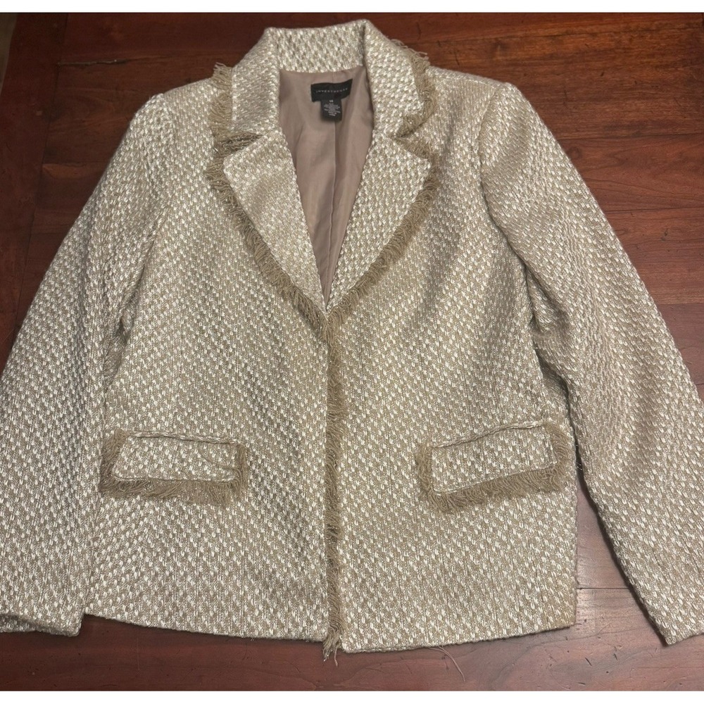Investments Petites Size 14 Metallic Tweed Fringe Trim Blazer Jacket Cream Gold